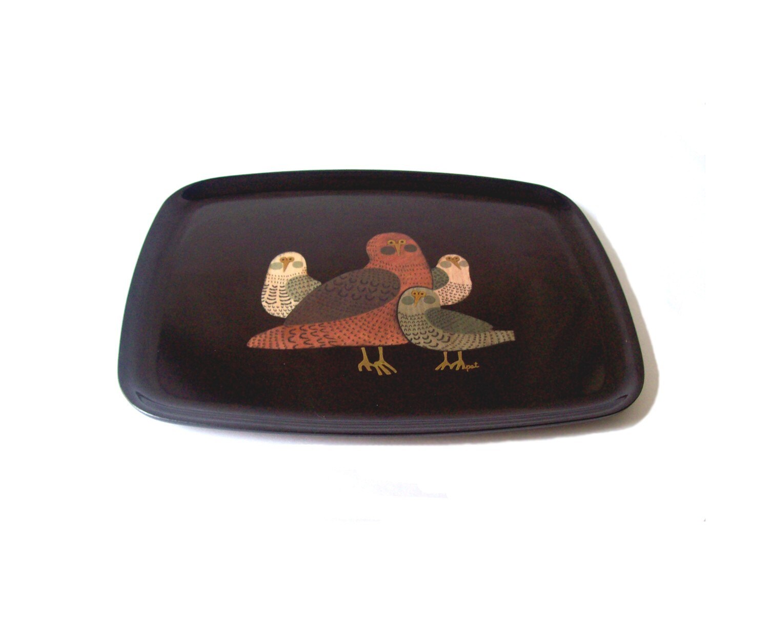 Couroc tray Sweet birds in wood and brass