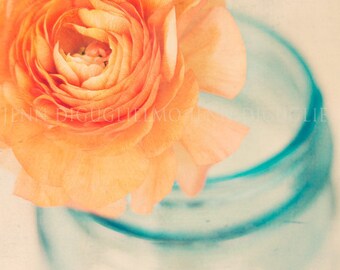 Fine art photography - Cottage style photography print - blue orange floral peony