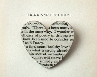 Pride and Prejudice - Heart brooch. Classic book brooches made with original pages.