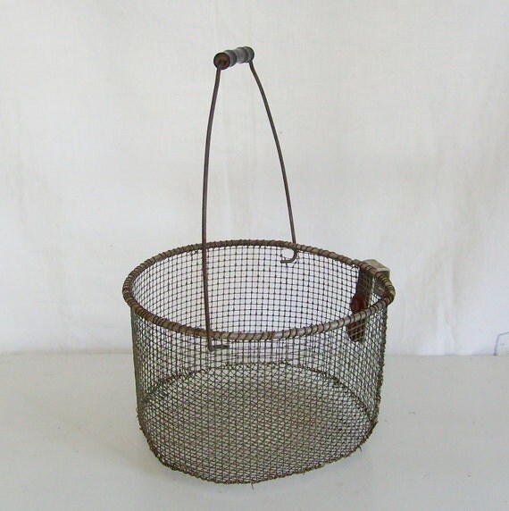 Antique wire farm basket egg carrier with hook