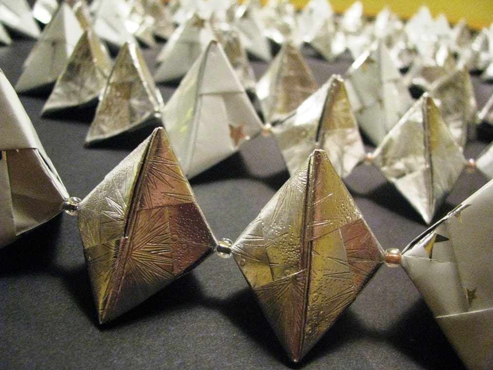Silver Origami Hexahedron Garland, 9 1/2 feet for the Mantle or Tree