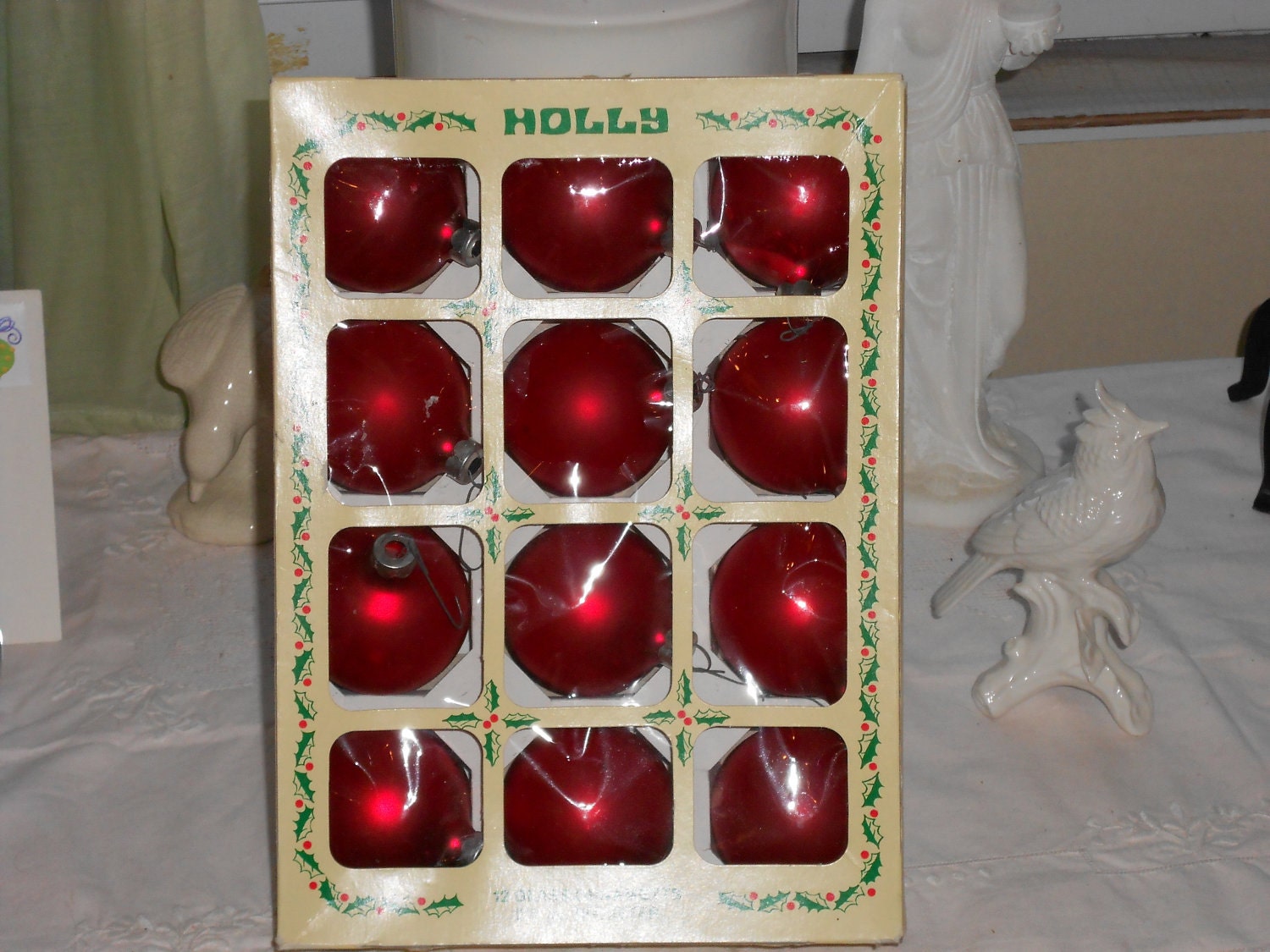 Vintage Box of 12 Holly Glass Ornaments Holly Decorations Inc