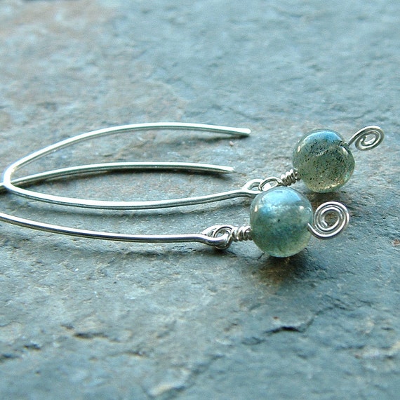 Silver Hoop Earrings Labradorite Open Hoops Wishbone Hoop
