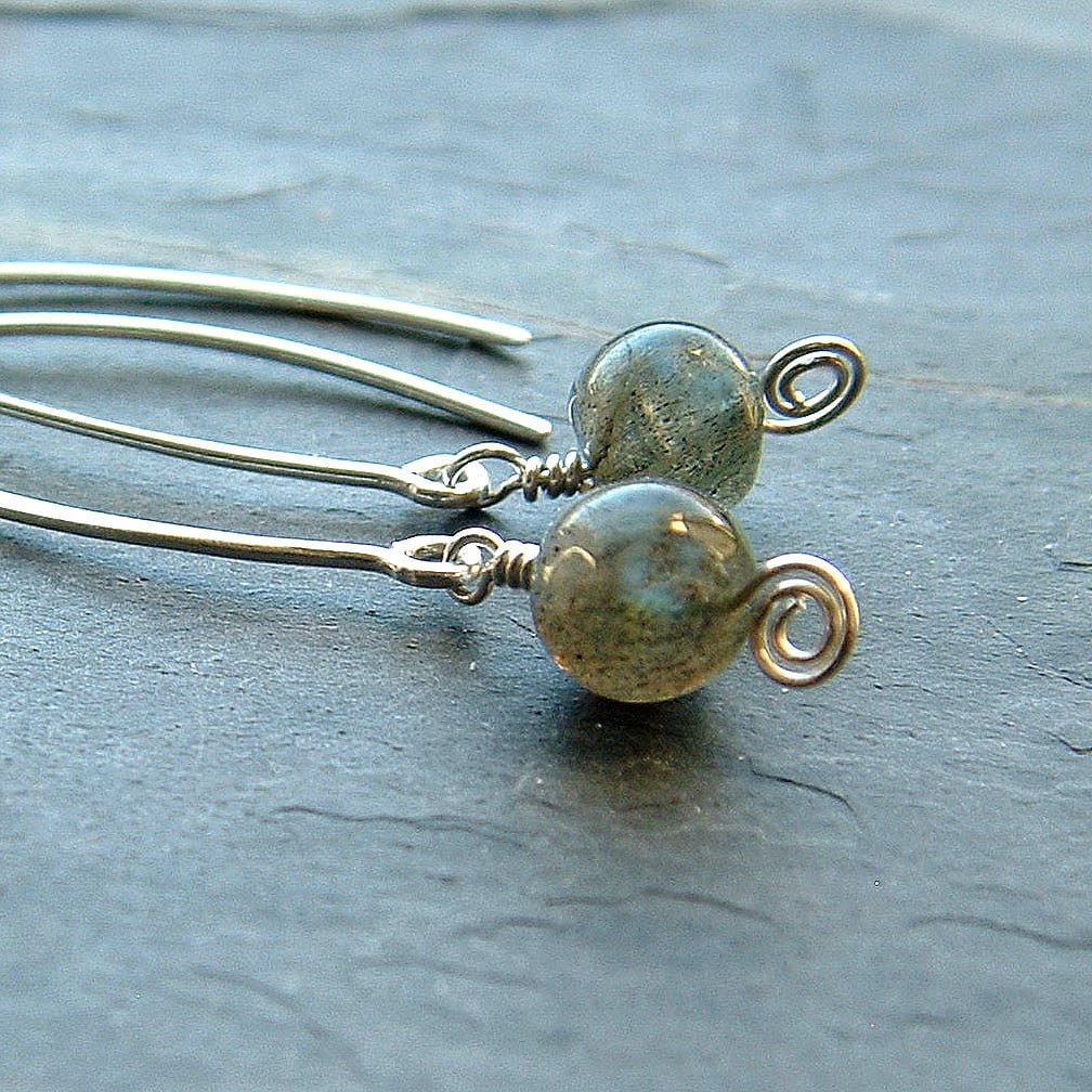 Silver Hoop Earrings Labradorite Open Hoops Wishbone by ArtistiKat