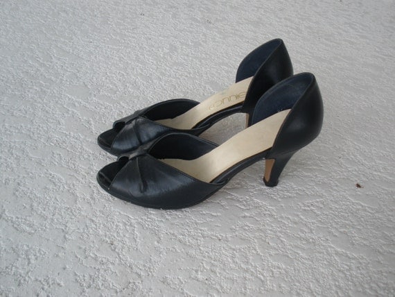 Navy Blue Leather Open Toe Heels Size 6 6 1/2