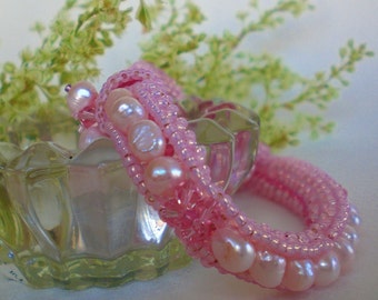 Crystal Beaded Pink Bracelet Unique Jewelry Mother of Pearl