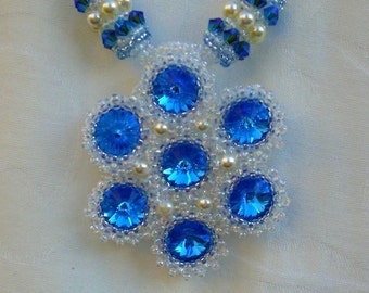 Crystal Sapphire Blue necklace Unique Jewelry Beadwoven Beaded beadwork Beadweaving