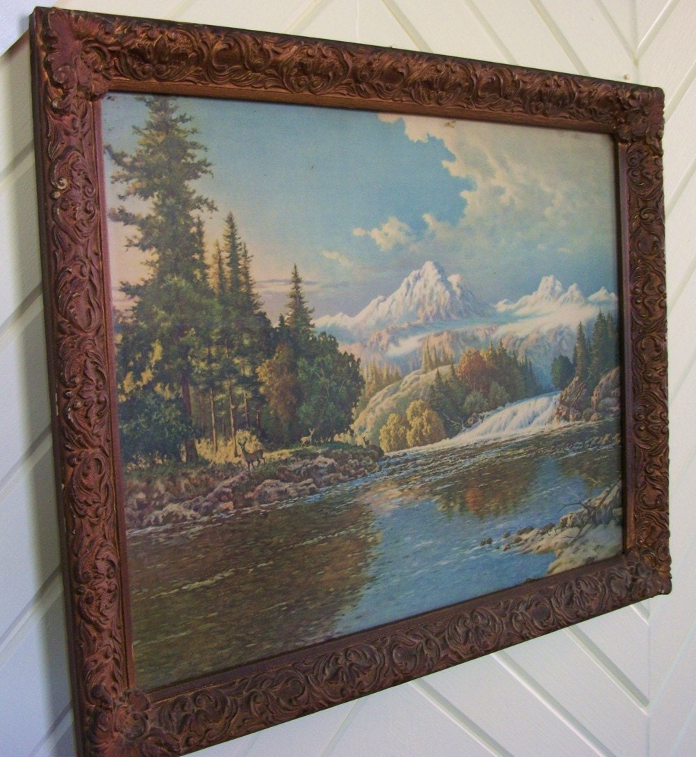 Antique Frederick Ogden Large Ornate Framed Landscape Print