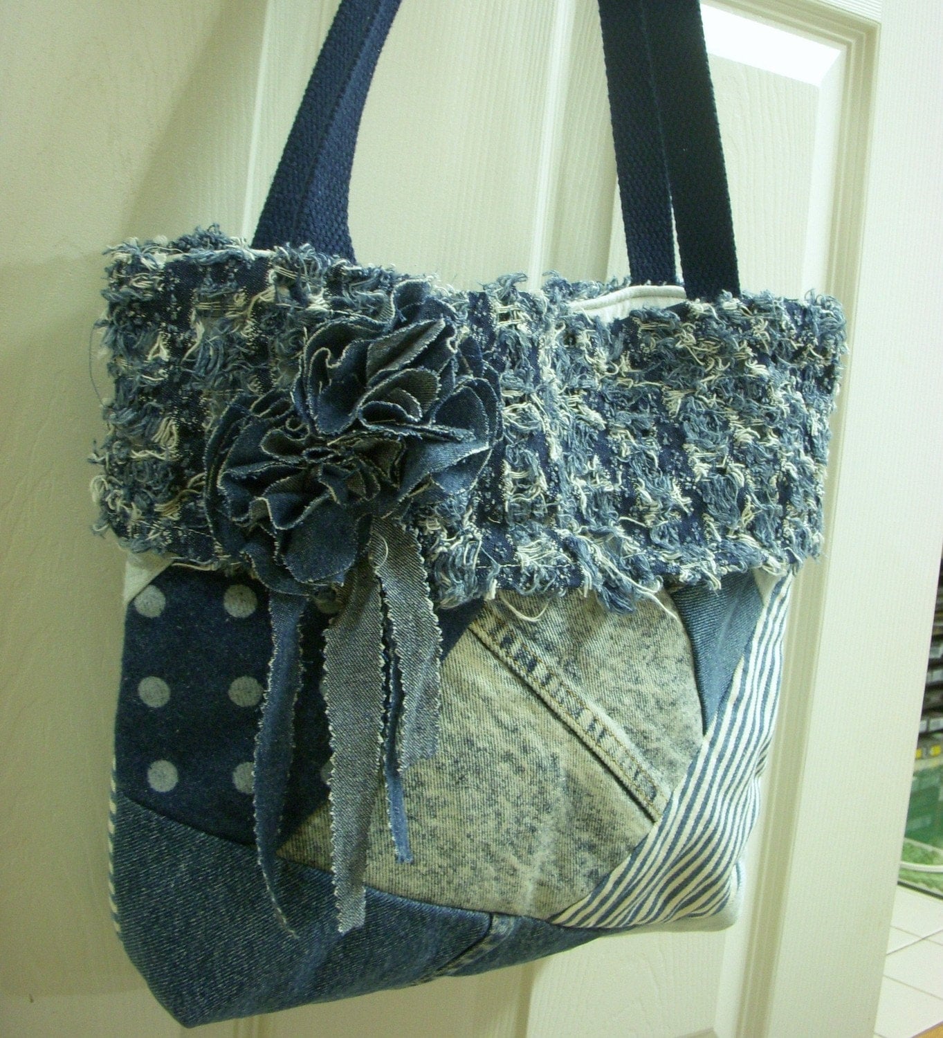 Recycled Blue Jean Denim Crazy Quilt Purse with Fabric Flower