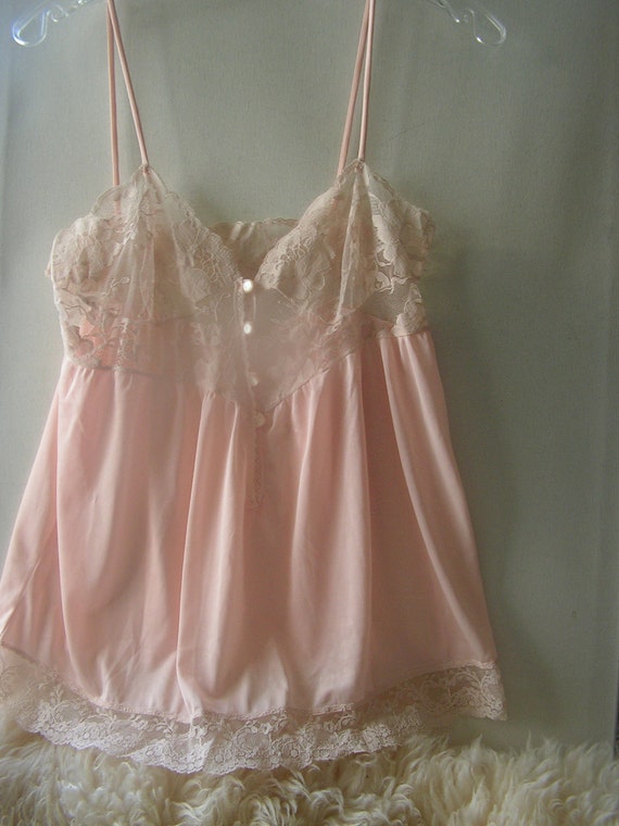 Vintage 70s baby doll pastel pink lingerie set of camisole and