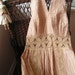 Bohemian Vintage 70s beige cotton, pin tuck pleats, halter, maxi dress, accented with crochet cotton lace. Size M