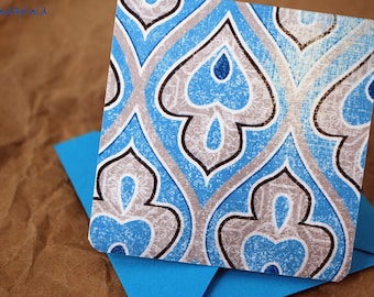 Blank Mini Card Set of 10, Wavy Fleur de Lis Design with a Contrasting Pattern on the Inside, Aqua Envelopes, mad4plaid