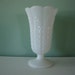 Vintage white milk glass vase, traveling fern frond textured surface and scalloped edge rim