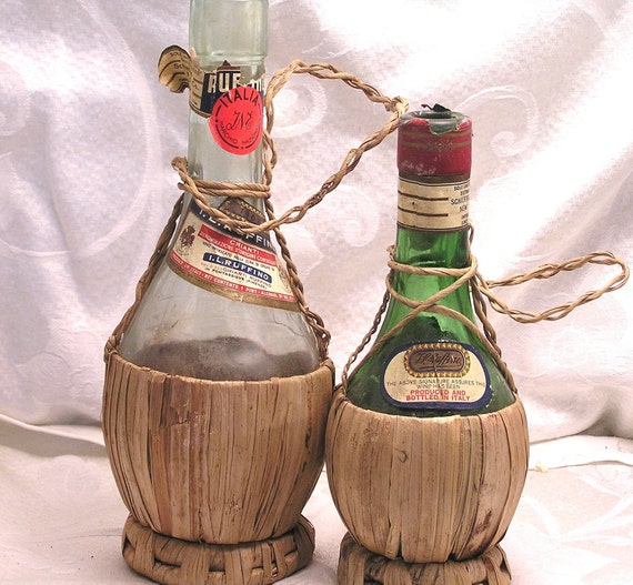 Vintage Wine Bottles Wrapped in Raffia. I. L. Ruffino Chianti.