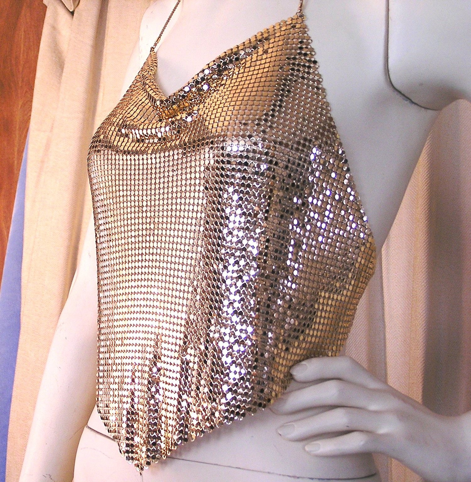 Gold Metal Mesh Disco Halter Top. 1970s to 1980s. by luvintage