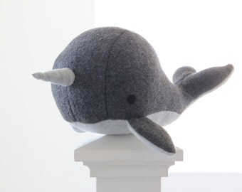 Handmade Grey narwhal soft fleece plush toy- Charlie- whale narwal