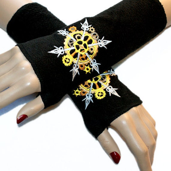 SteamPunk Gold Silver Gears Snowflake Black Fleece Arm Warmers MTCoffinz by MTcoffinzUnderground steampunk buy now online