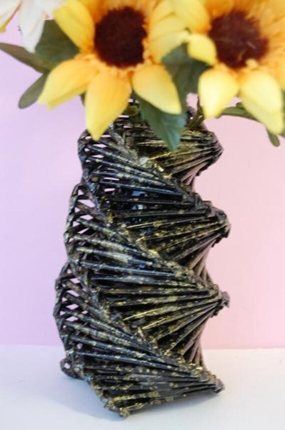 Rolled Paper Weaving Vase Metallic Gold and Black Small
