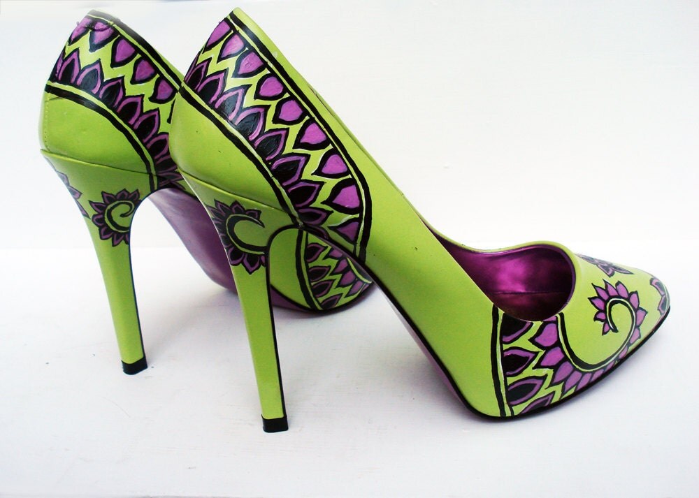 Hand Painted Heels Modern Henna Lime green court shoes