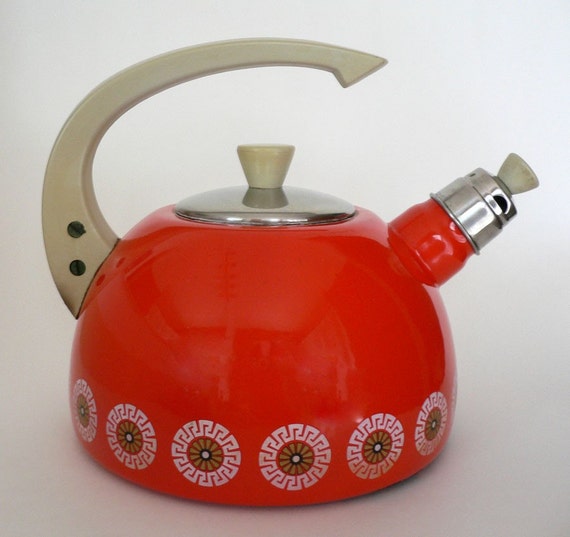 Vintage Enameled Kettle 1960s Retro Orange