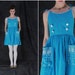 Vintage Teal Sun Dress . Turquoise Cotton . White Embroidery