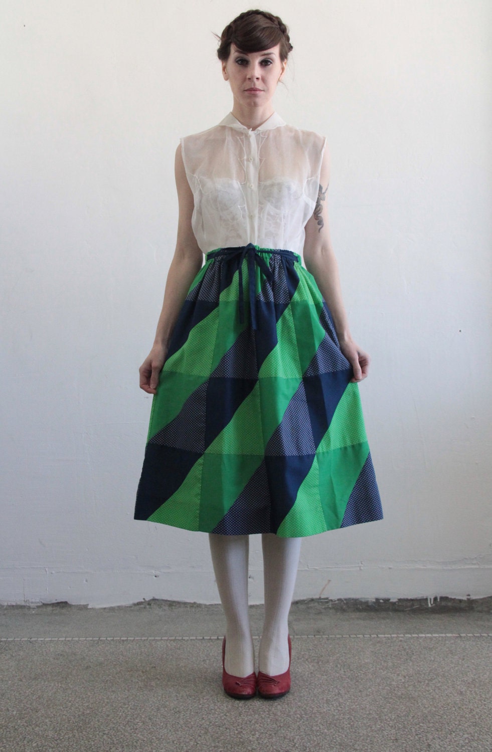 Vintage Skirt . Patchwork . Kelly Green . Navy Blue . 1970s