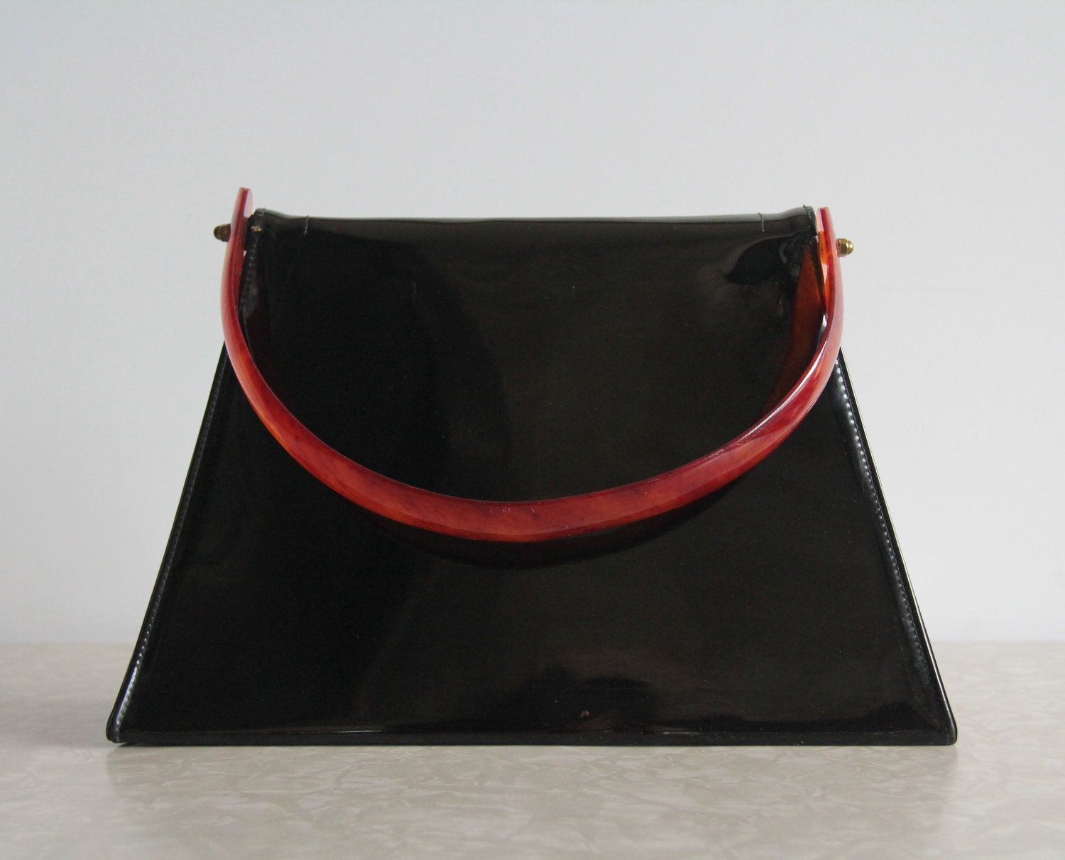 Vintage 1950s Purse . Black Patent Vinyl . Mid Century