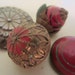 Vintage Buttons - lot of 4 shabby chic estste sale gold antique metal and red accent, (no 1049)