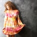 Vintage 1970s Sunset Sherbet Dress . Tie Dye Hippie, Crochet Lace, Bell Sleeves, Ruffle Hem