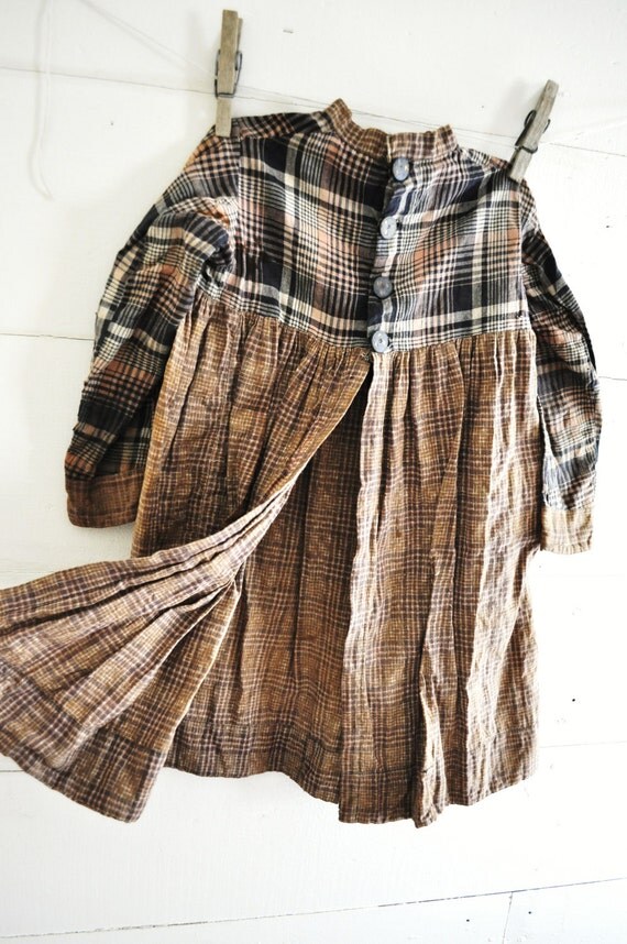 1800s Plaid Girl Dress Homespun Compostion by MeanestFlowerVintage