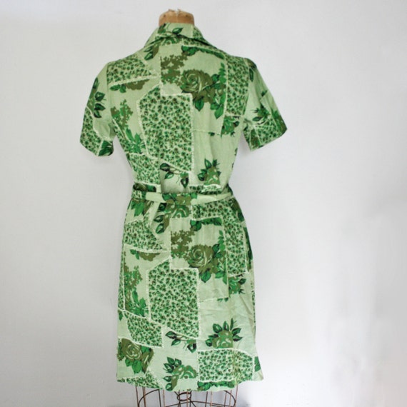 vintage 60s Green Floral Faux Patchwork Day Dress
