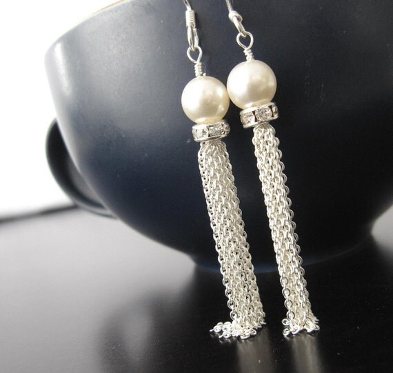 tassel earrings silver pearl rhinestones by CocosJewelry on Etsy