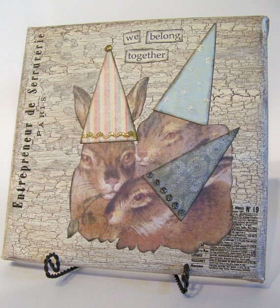 Handmade Canvas Collage Vintage  Decor Vintage Rabbit Collage Original Collage Mixed Media Original Rabbit Art