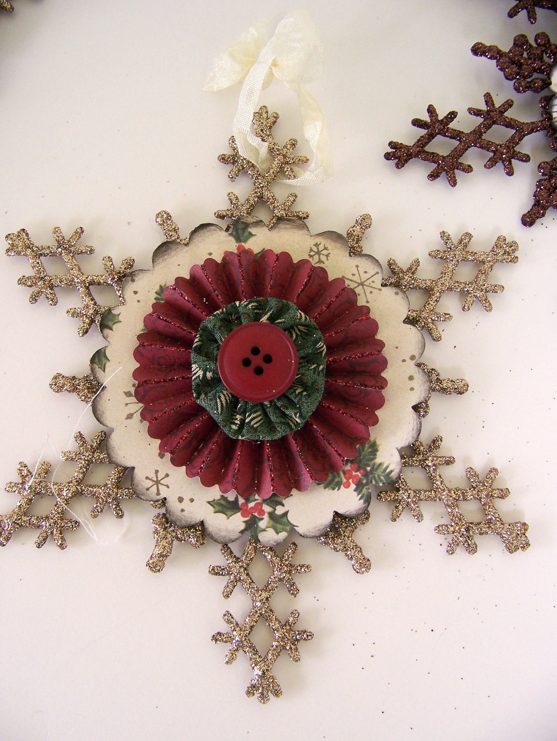 Handmade Christmas Ornament Vintage Christmas Snowflake Ornament Glitter Snowflake Rosette Vintage Ornament