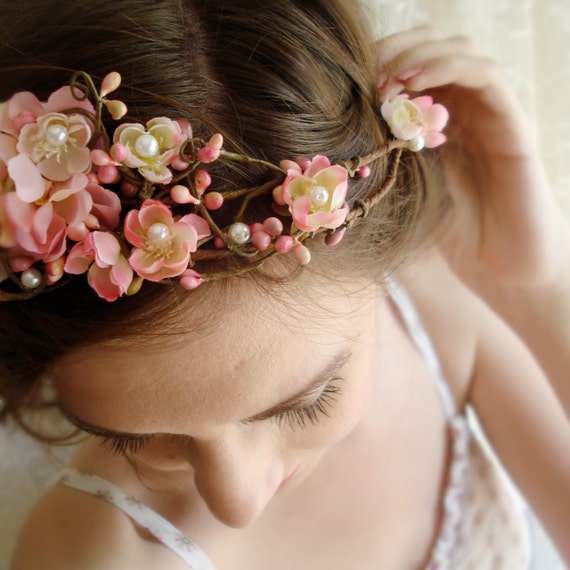 pink cherry blossom flower crown LOVE bridal