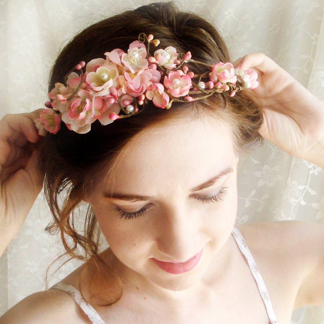 Pink Cherry Blossom Hair Wreath Love Sonnet Bridal