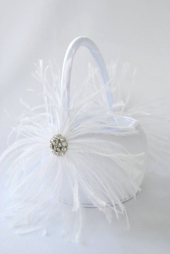 White Flower Girl Basket Ostrich Feather Flower by weddingsandsuch