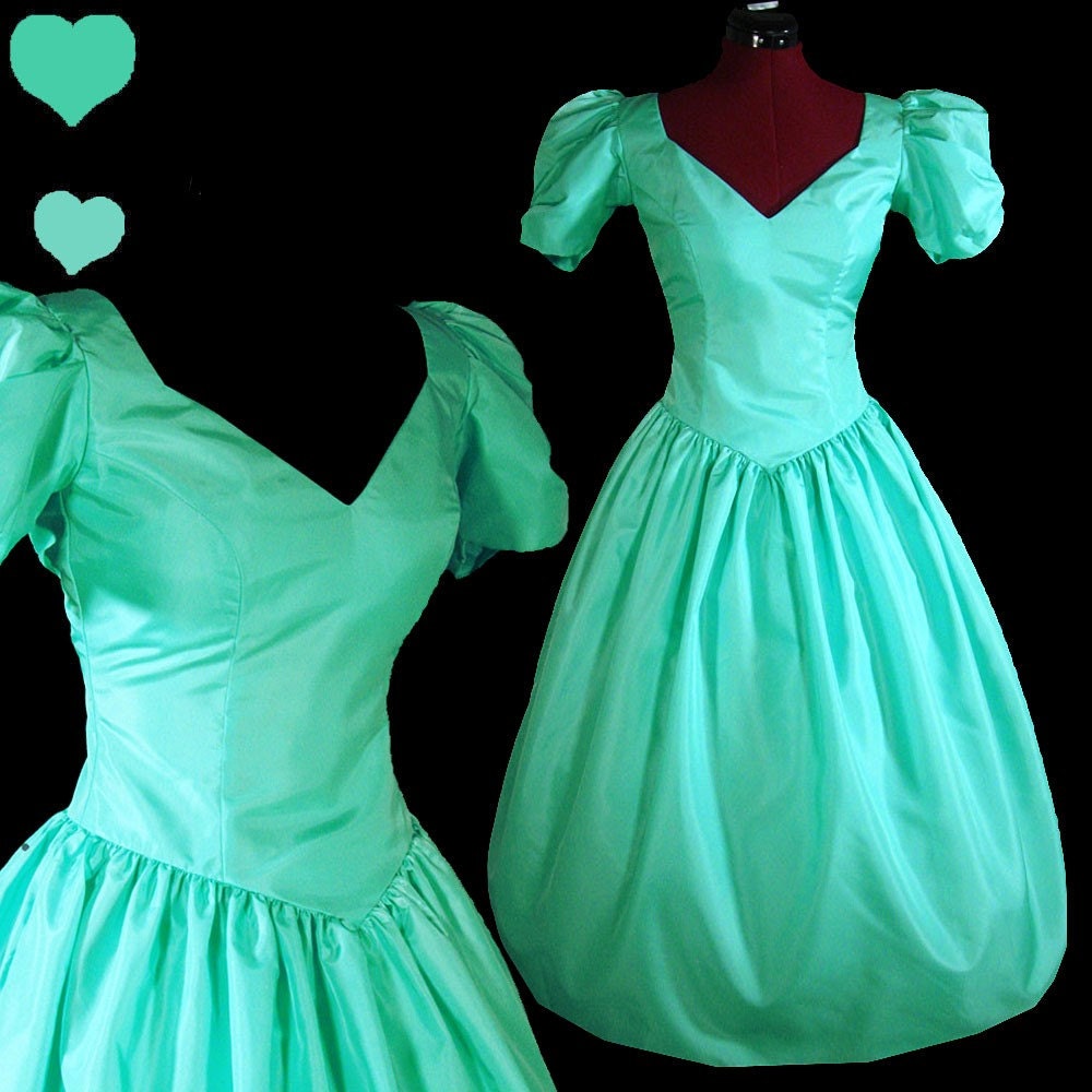 AQUA PUFF Sleeve Vintage 80s Taffeta PROM Party Dress S