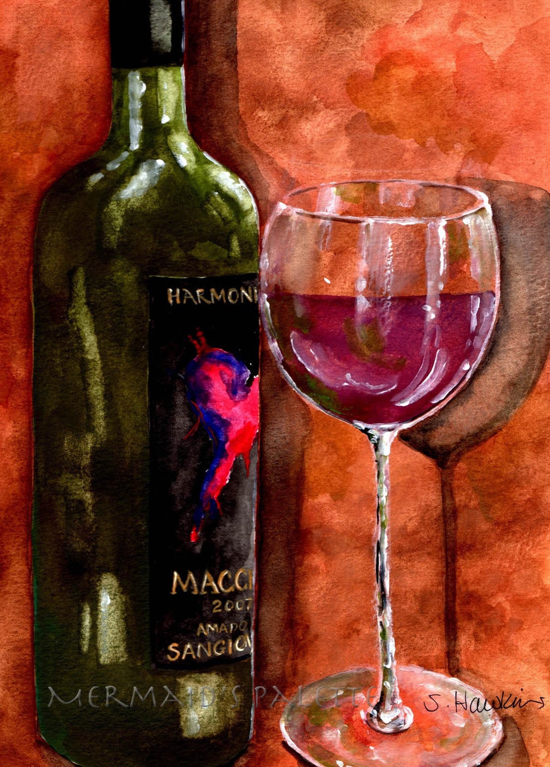 Bottle of Wine Watercolor Print fine art print wine bottle