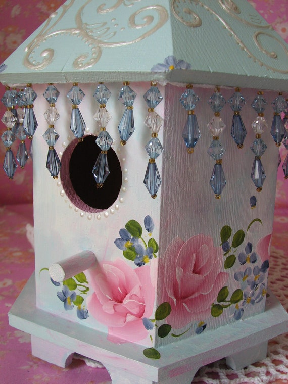 hand painted birdhouse shabby chic pink roses aqua blue trim hand painted birdhouse shabby chic pink roses aqua blue trim