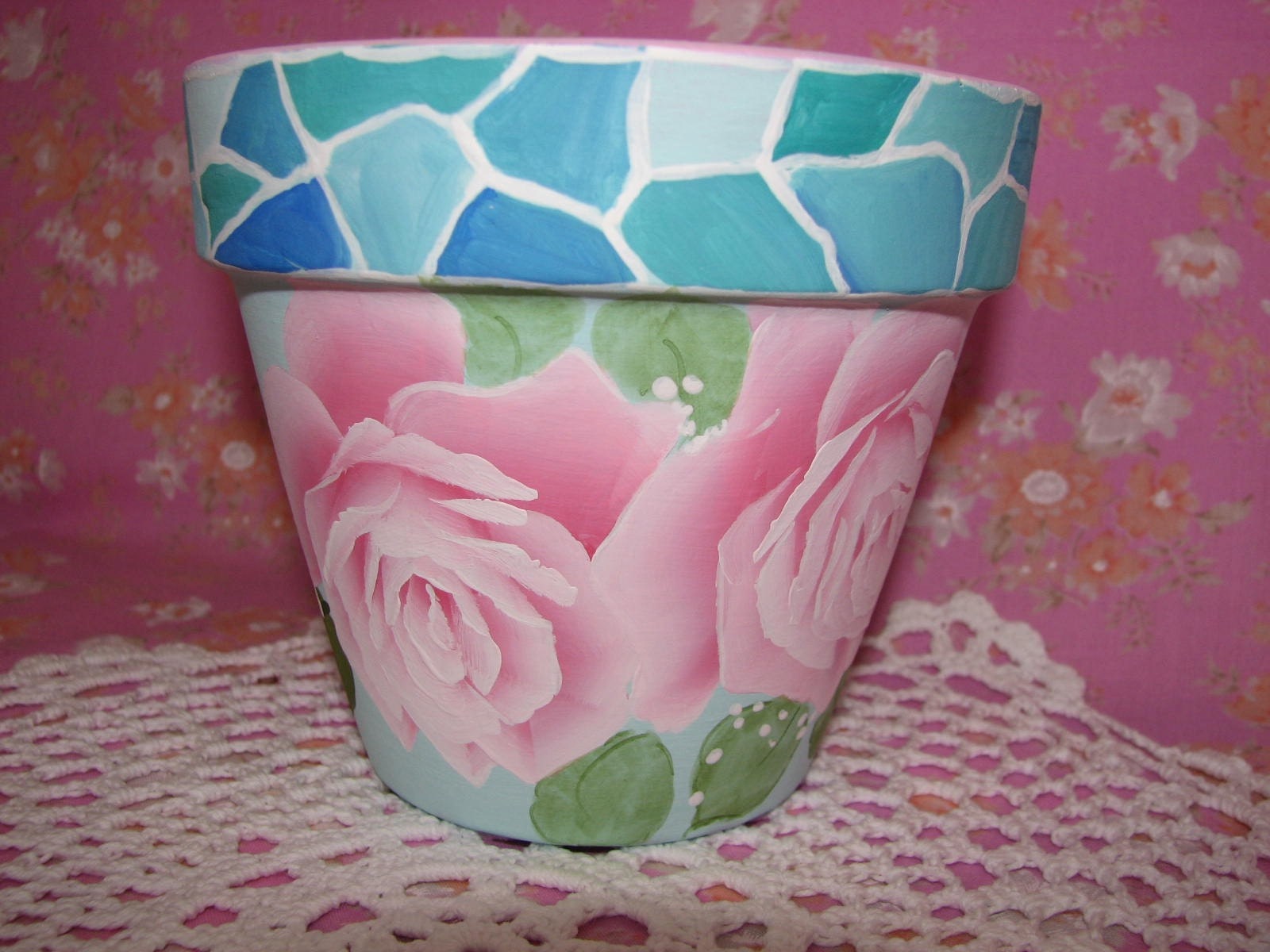 Decorative Aqua Clay Flower Pot Hand Painted Pink by pinkrose1611