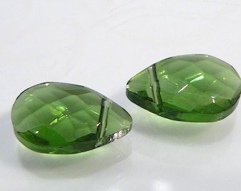 2 BEADS....Green Quartz Glass Faceted Briolette Beads...15x10mm...BB