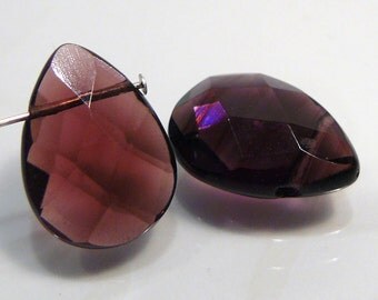 2 Beads....Plum Purple Quartz Glass Faceted Briolette Beads....18x13mm...BB
