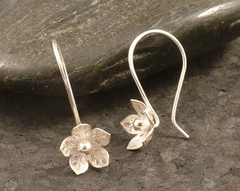 Silver Flower Earrings / Feminine Charm / Sterling Silver Hooks / Simple Silver Earrings READY TO SHIP / Hooked on Flowers Wife Gift Girl