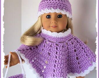 Made For American Girl Dolls, 3 Pc Lavender, Crochet Poncho Set, 18 Inch Doll Clothes