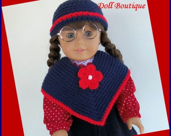 Doll Clothes Made To Fit American Girl, Crochet Poncho Set, Red, White & Blue Fits 18 Inch