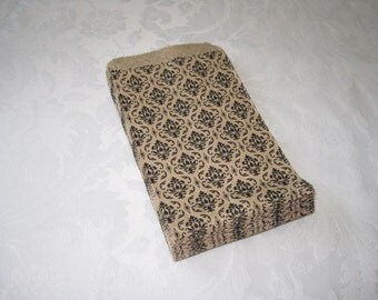 50 Paper Bags, Brown Paper Bags, Candy Bags, Kraft Paper Bags, Gift Bags, Damask Print, Black Damask, Party Favor Bags, Small Paper Bags 4x6