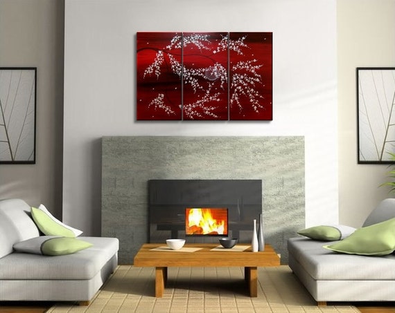 belladonnahomedecor - Wall Art Rich Red Triptych Tree Blossom Painting ...