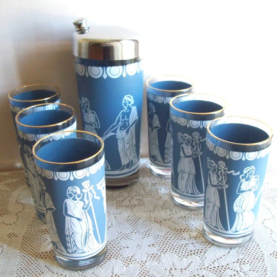 Cocktail Shaker Set Wedgwood Blue Jeanette Glass Romanesque