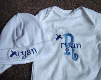 Personalized Baby Infant Newborn Boys Creeper Hat Coming home set